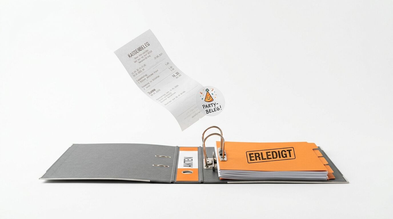 Ein Kassenbeleg fällt in einen offenen Ordner mit einem orangen „ERLEDIGT