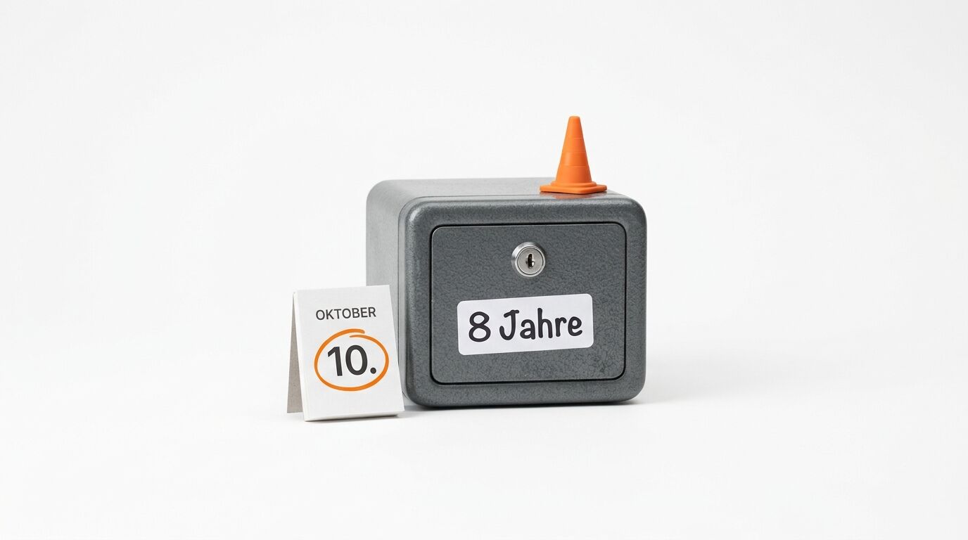 Ein Safe mit Hütchen, beschriftet mit „8 Jahre“, und daneben ein Kalenderblatt: „Oktober 10.“