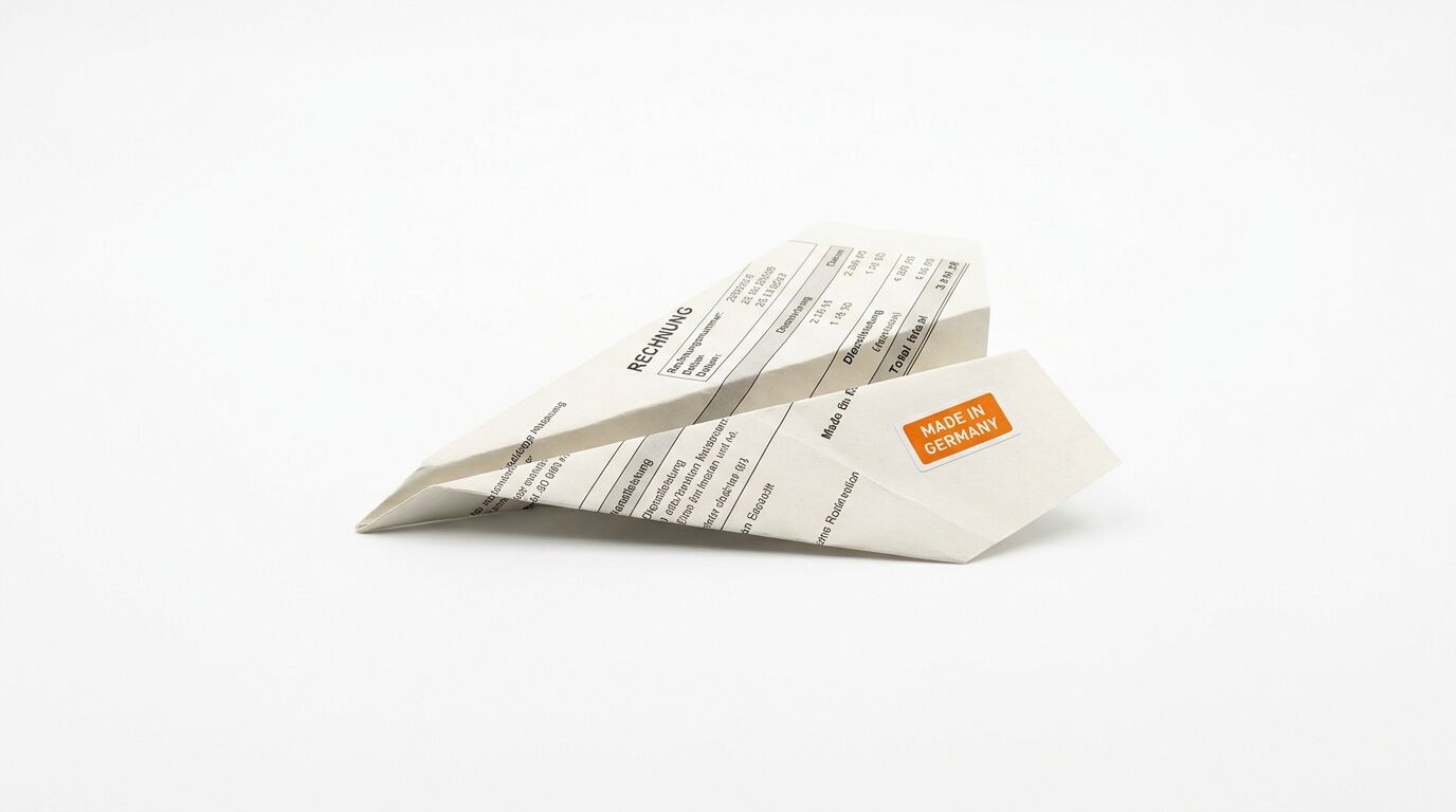 Aus einer Rechnung gefalteter Papierflieger, hinten rechts mit Aufschrift „MADE IN GERMANY“