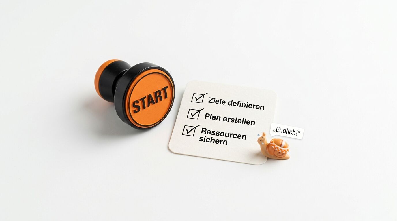 Ein oranger Stempel, eine Checkliste, eine Schnecke und Text auf weißem Grund