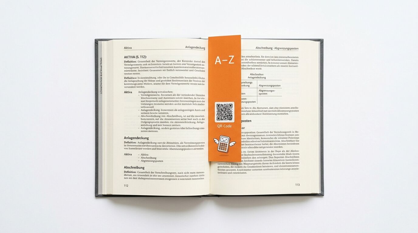 Geöffnetes Buch auf weißem Hintergrund, orangefarbener A-Z-Trennstreifen mit QR-Code