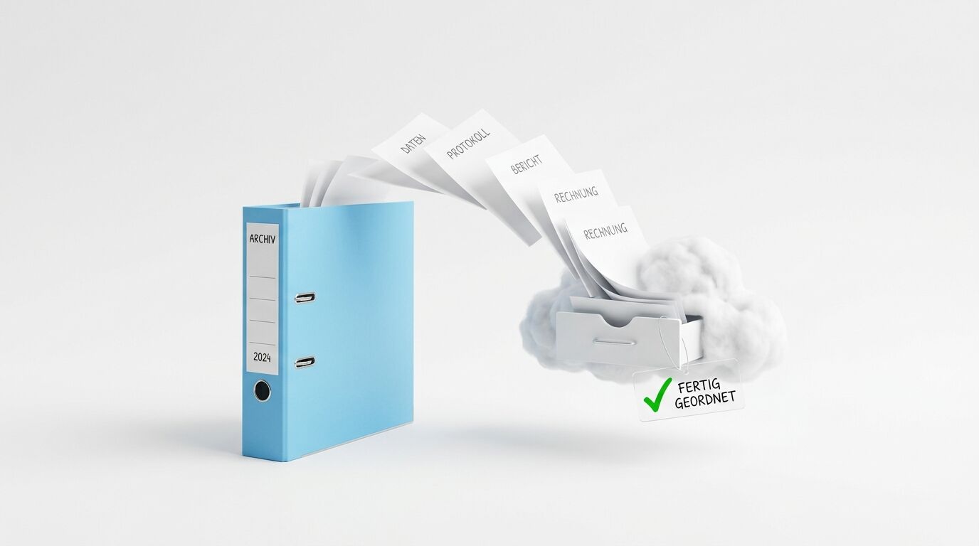 Blauer Archivordner 2024 mit ausschwebenden Dokumenten wie Daten, Protokoll, Bericht und Rechnung. Daneben Cloud-Symbol mit "Fertig geordnet" Label