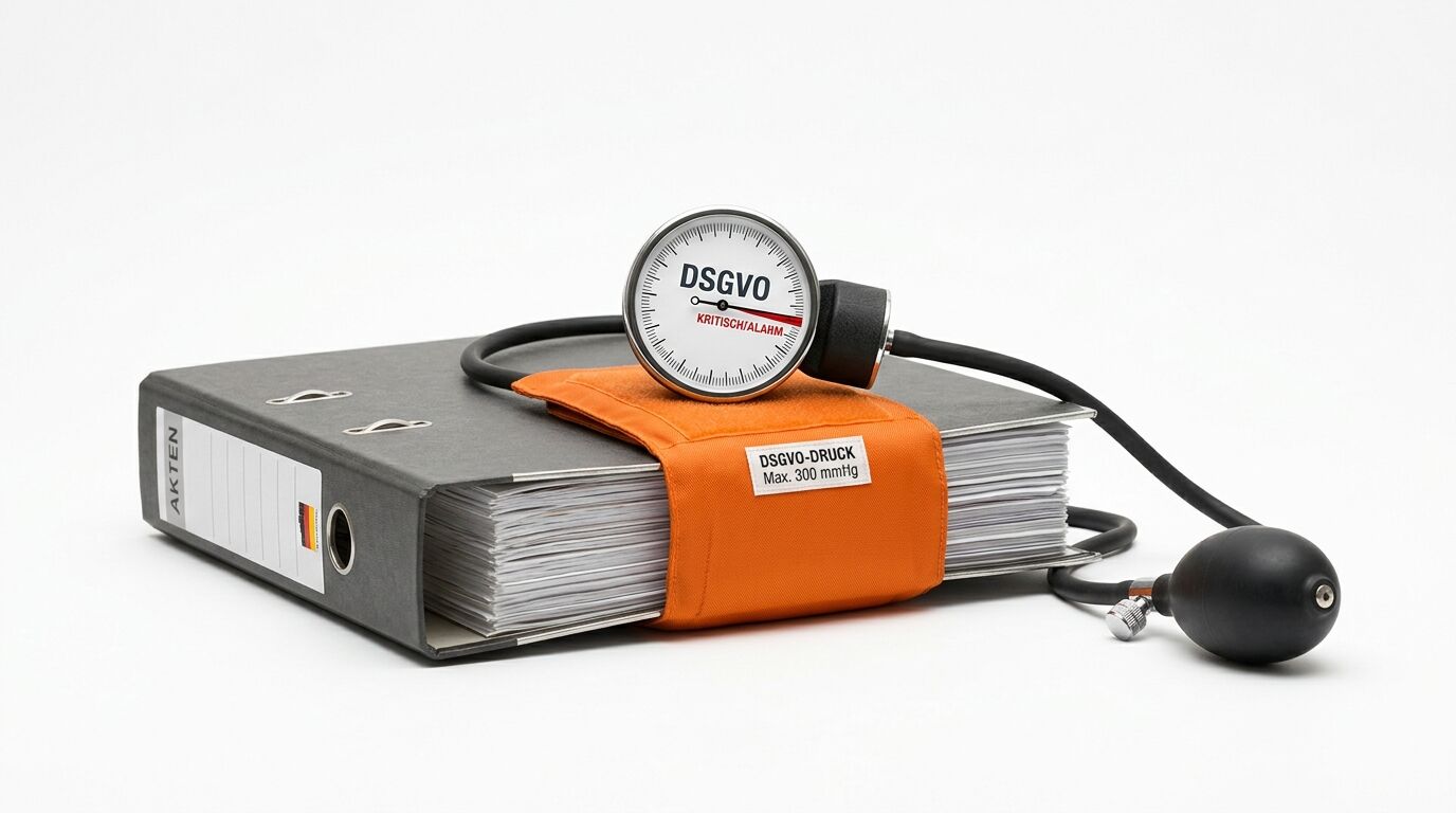 Blutdruckmessgerät DSGVO mit Manschette auf grauem Ordner, orange Druckband, analoges Manometer mit Skala