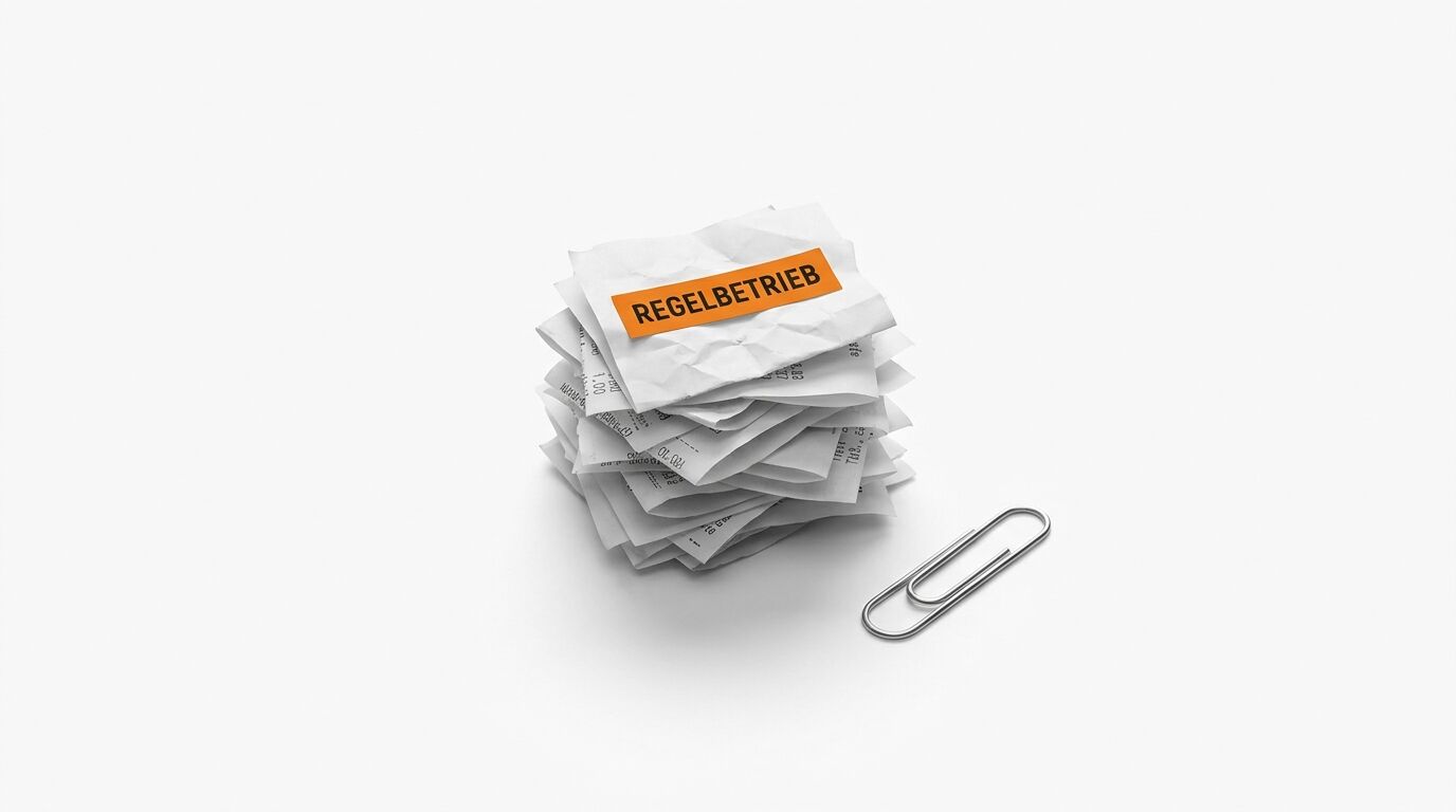 Stapel von Dokumenten mit orange Etikett "REGELBETRIEB" und einer Büroklammer daneben auf weißem Hintergrund