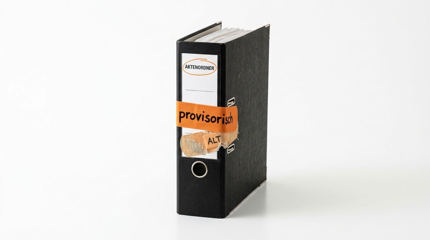 Schwarzer Ordner mit orangem Band beschriftet "provisorisch" und "ALT". Label zeigt "AKTENORDNER"