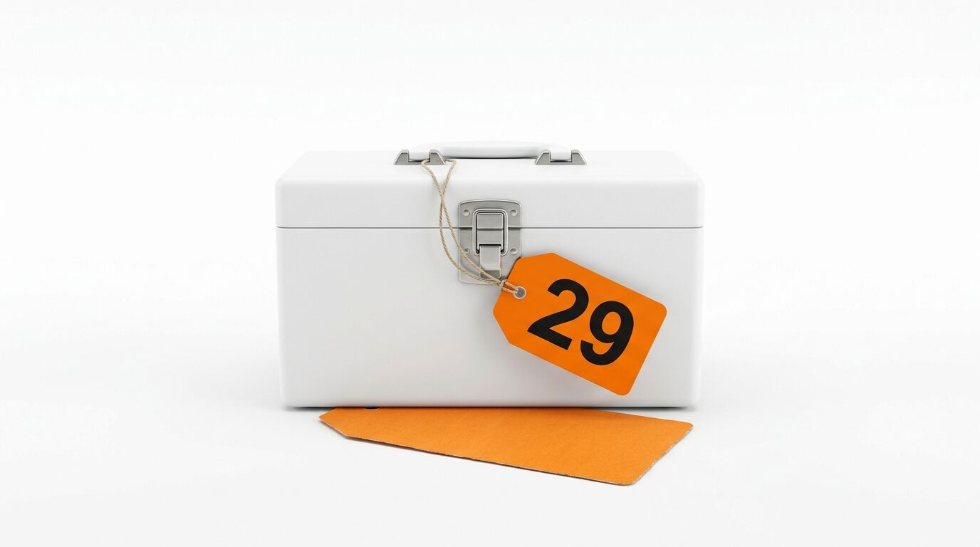 Weiße Metallbox mit Verschluss und orange Preisschild "29" an Schnur befestigt