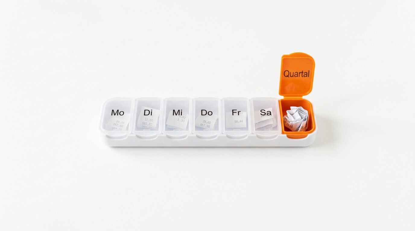 Wochenmedikamentendispenser mit sieben Fächern für Mo-Sa, das orange Quartal-Fach ist geöffnet