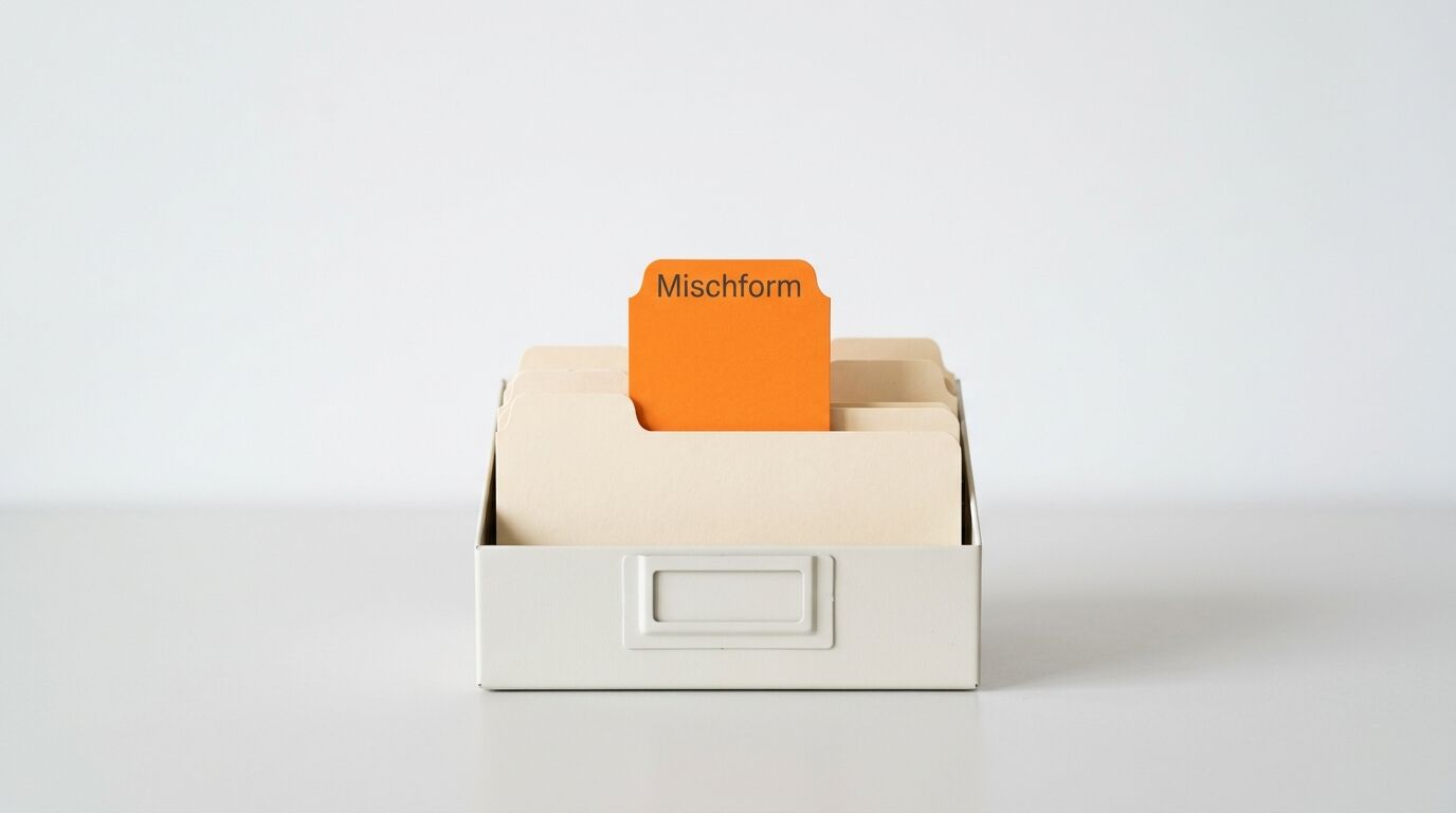 Weiße Karteibox mit beigen Karteikarten und orange beschrifteter Mischform-Karte auf grauem Untergrund