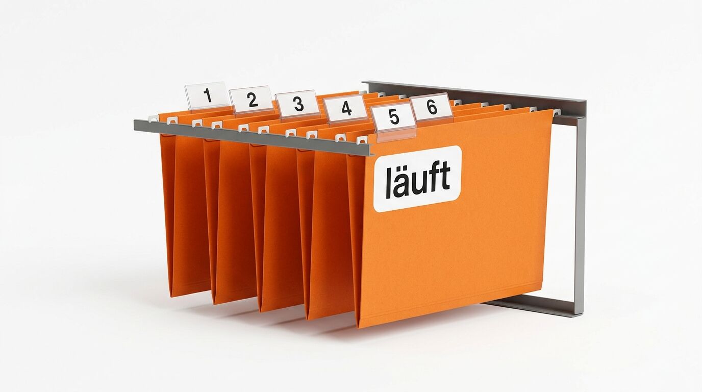 Orangenes Hängeregistersystem "läuft" mit sechs nummerierten Mappen auf grauem Metallgestell