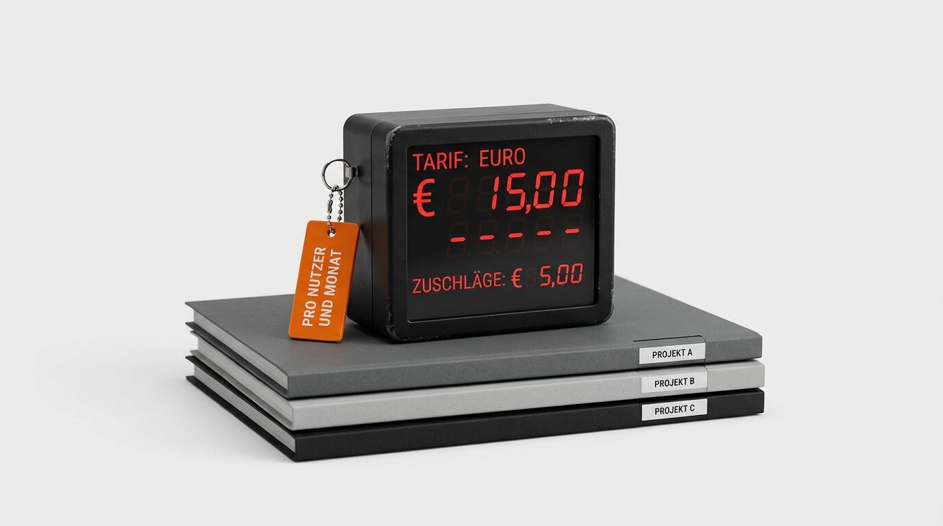 Digitales Taxameter auf Bücherstapel mit orange Anhänger "PRO NUTZER UND MONAT", zeigt 15,00€ Tarif und 5,00€ Zuschlag