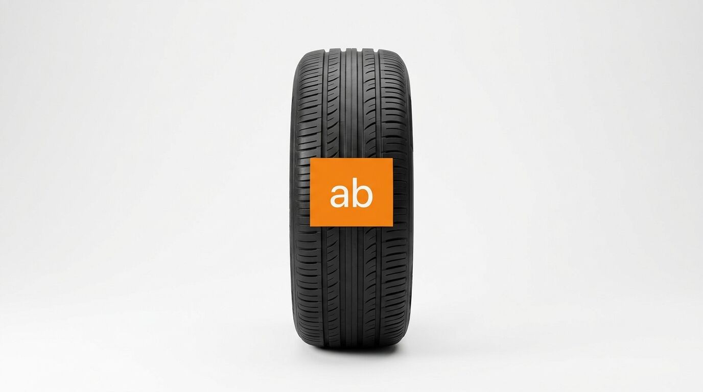 Schwarzer Autoreifen mit orange-weißem Etikett mit der Aufschrift "ab" auf grauem Hintergrund