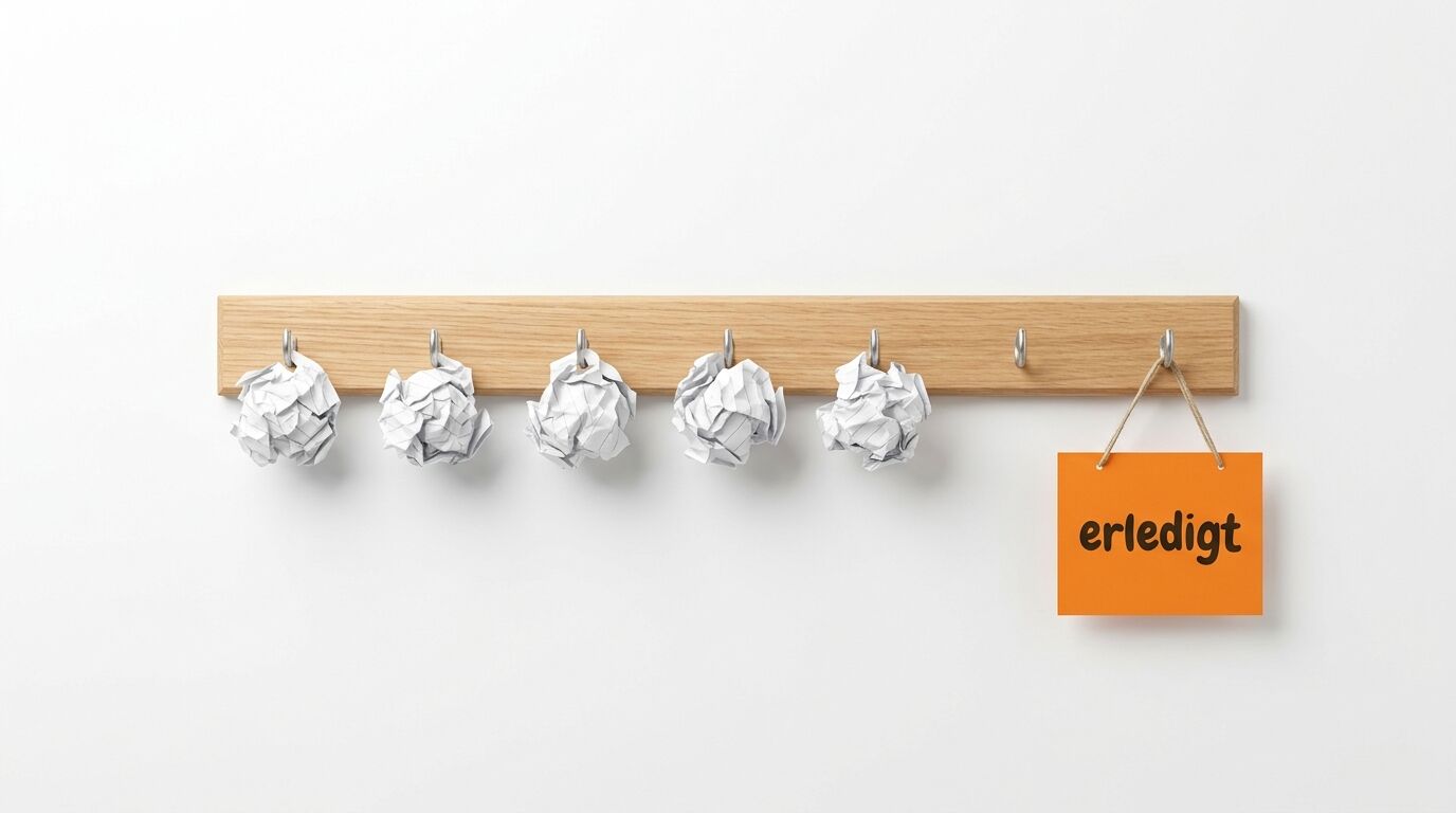 Holzleiste mit fünf zerknüllten Papierkugeln und orangem Schild "erledigt"