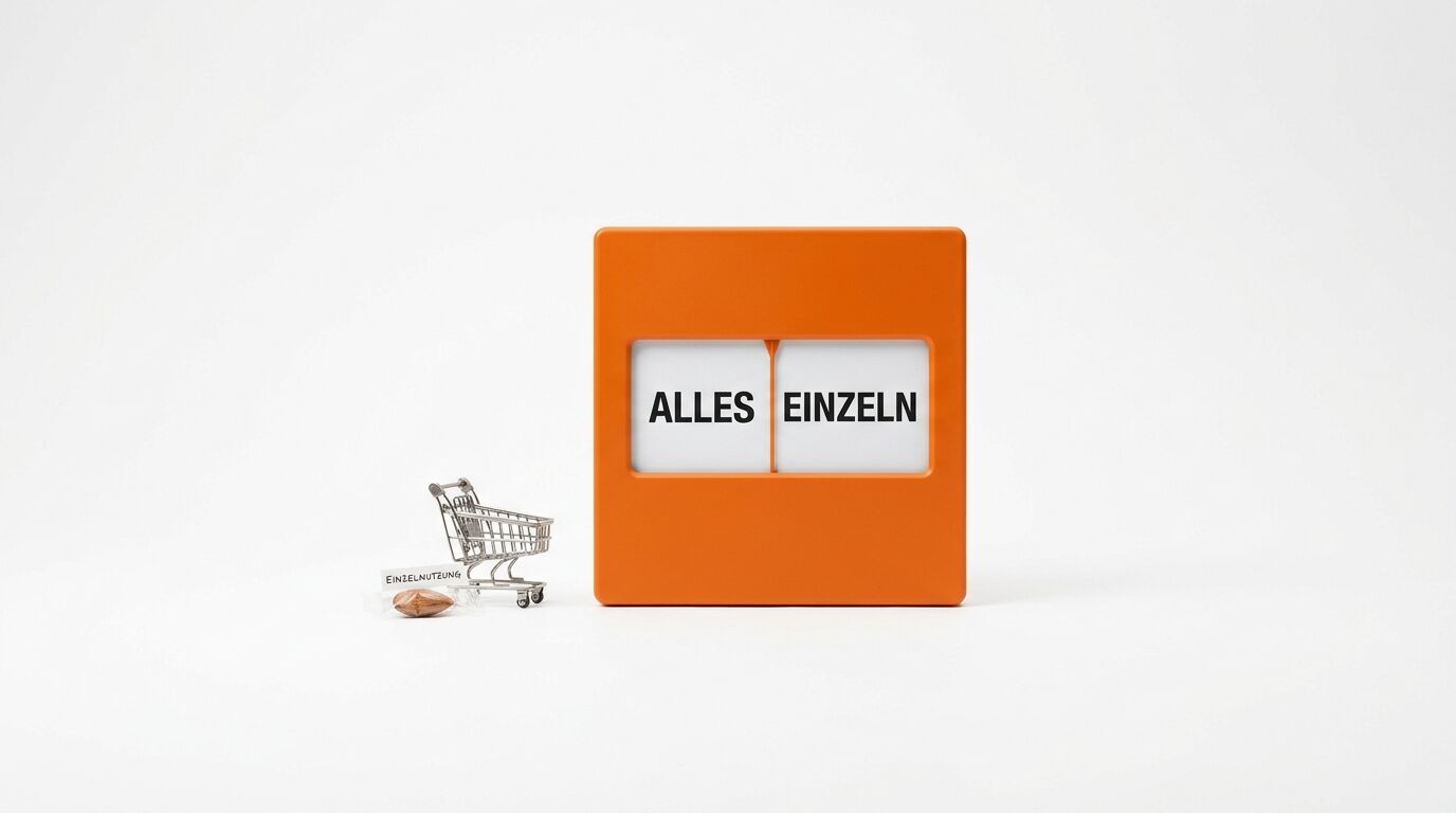 Orange Schild mit "ALLES EINZELN" und kleinem Einkaufswagen mit "EINZELNUTZUNG" Etikett daneben