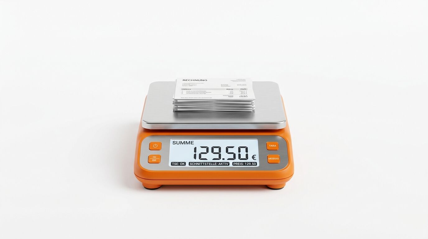 Orange-schwarze digitale Waage "SUMME" mit Metallplattform, auf der ein Stapel Rechnungen liegt. Display zeigt 129,50 €