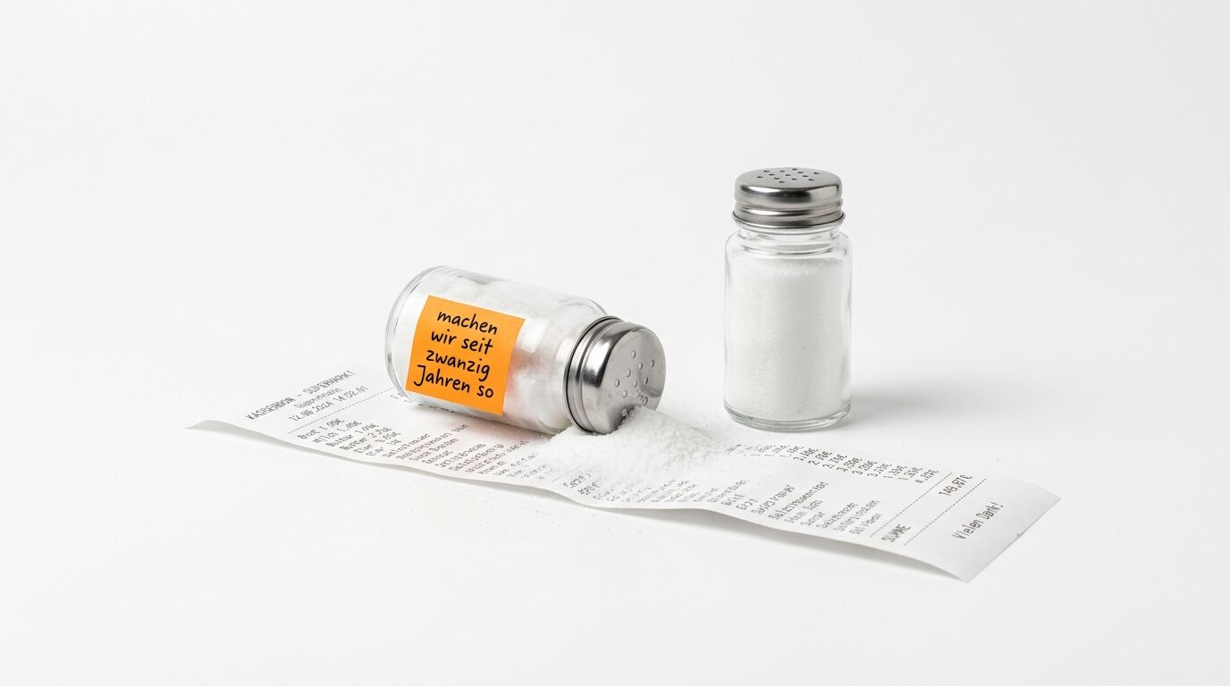 Zwei Salzstreuer aus Glas mit Metalldeckel neben ausgerolltem Papierband mit Text und Zahlen auf weißem Hintergrund