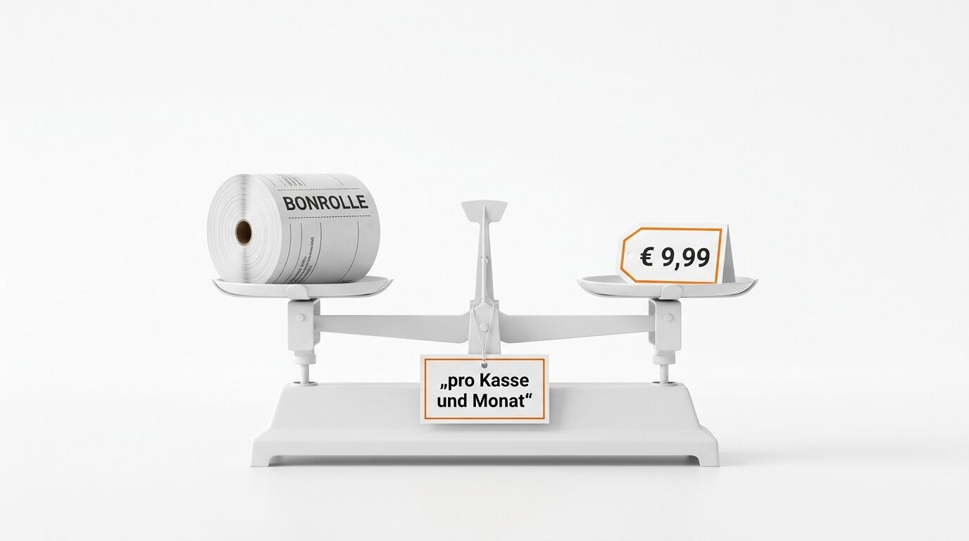 Waage mit Bonrolle links und Preisschild rechts, beschriftet "pro Kasse und Monat" für € 9,99