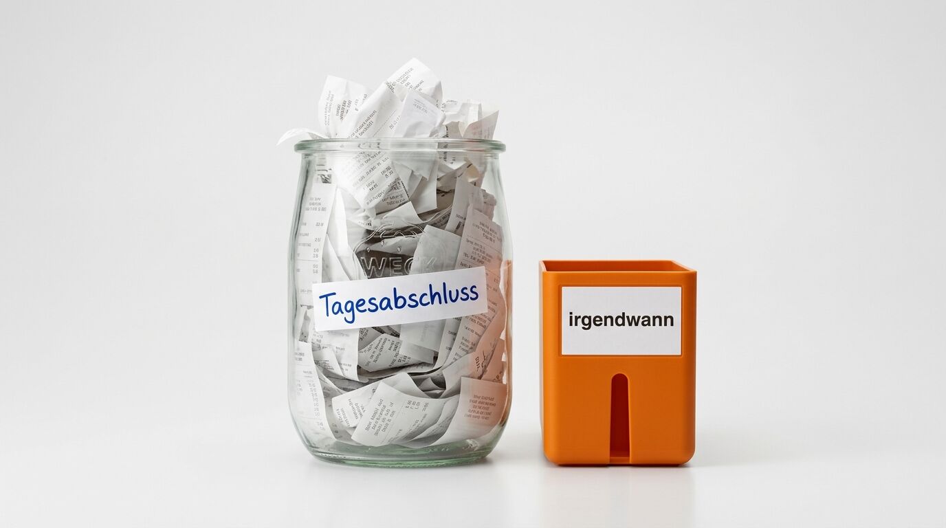 Glasgefäß mit Bon-Sammlung "Tagesabschluss" neben orangem Behälter "irgendwann"