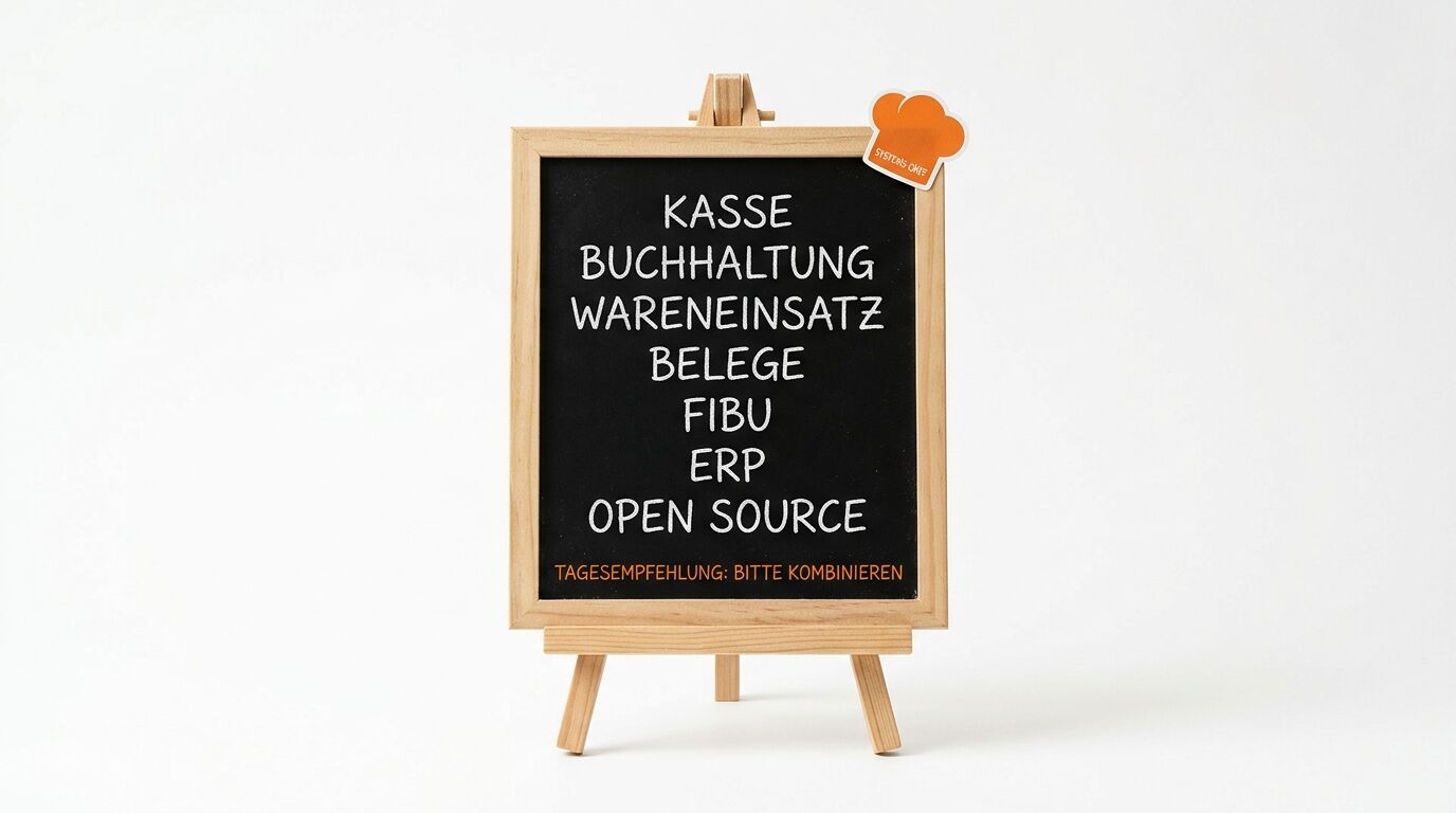 Holzständer mit Tafel zeigt Liste von Softwarelösungen: Kasse, Buchhaltung, Wareneinsatz, Belege, FIBU, ERP, Open Source