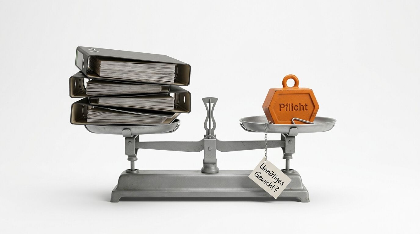 Eine Waage mit Aktenordnern auf der linken Seite und einem orangenen Gewicht mit "Pflicht" beschriftet auf der rechten Seite