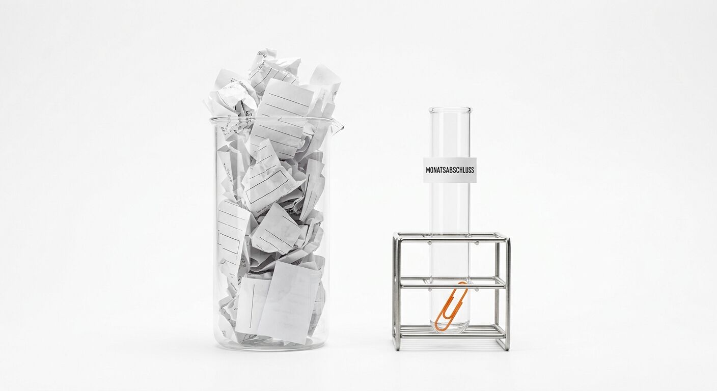 Glas mit Papierscrap links, Organizer mit einer orange Büroklammer rechts, Beschriftung "MONATSABSCHLUSS"