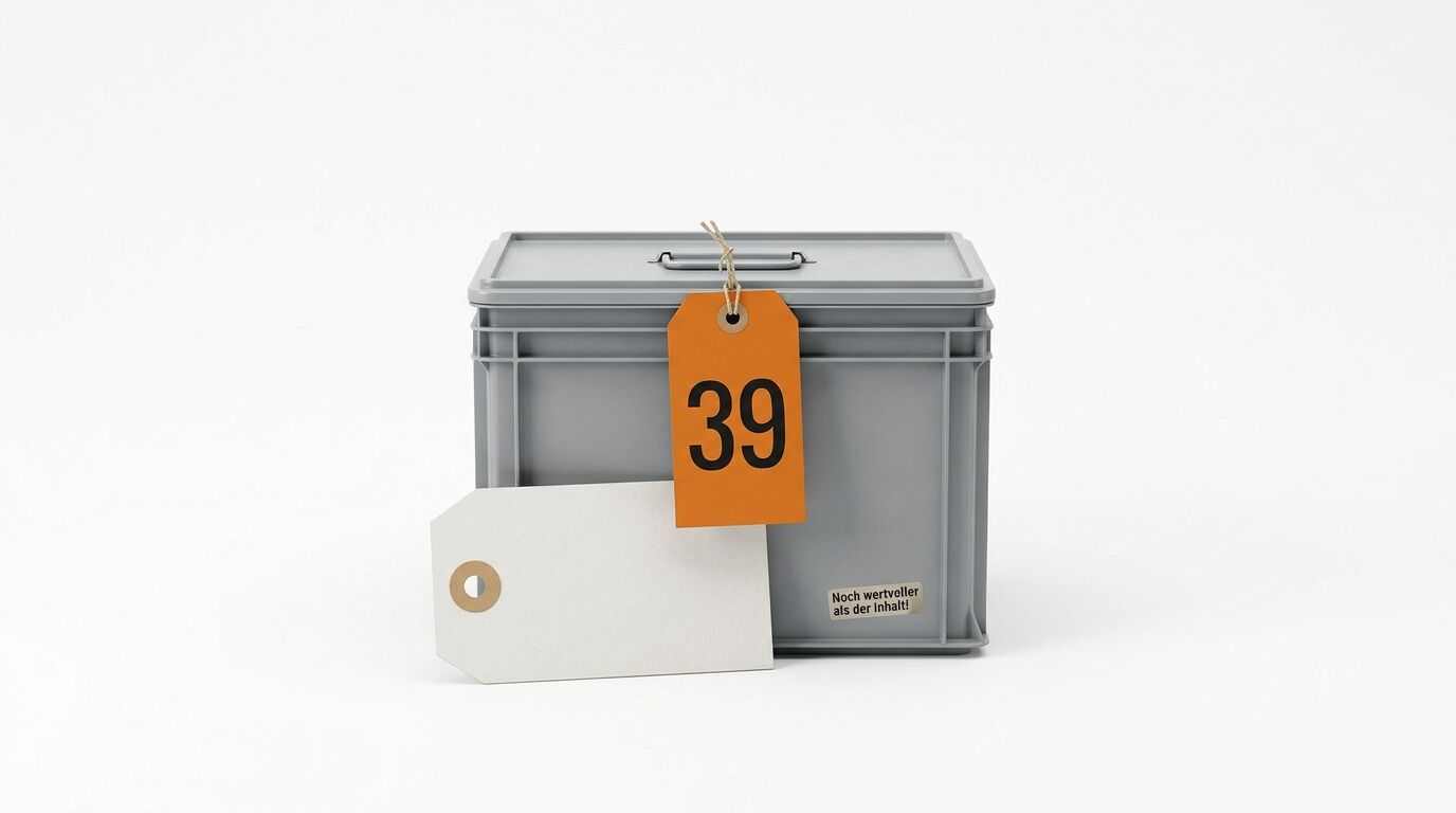 Grauer Kunststoffbehälter mit Deckel, orange Nummer-39-Etikett und weißem Kartenschild davor