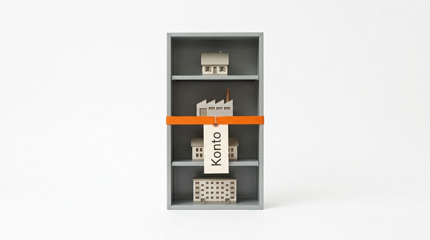 Graues Regal mit vier Fächern, gefüllt mit Miniatur-Gebäudemodellen. Ein orange-weißes Band mit "Konto"-Schriftzug verläuft horizontal über die Mitte
