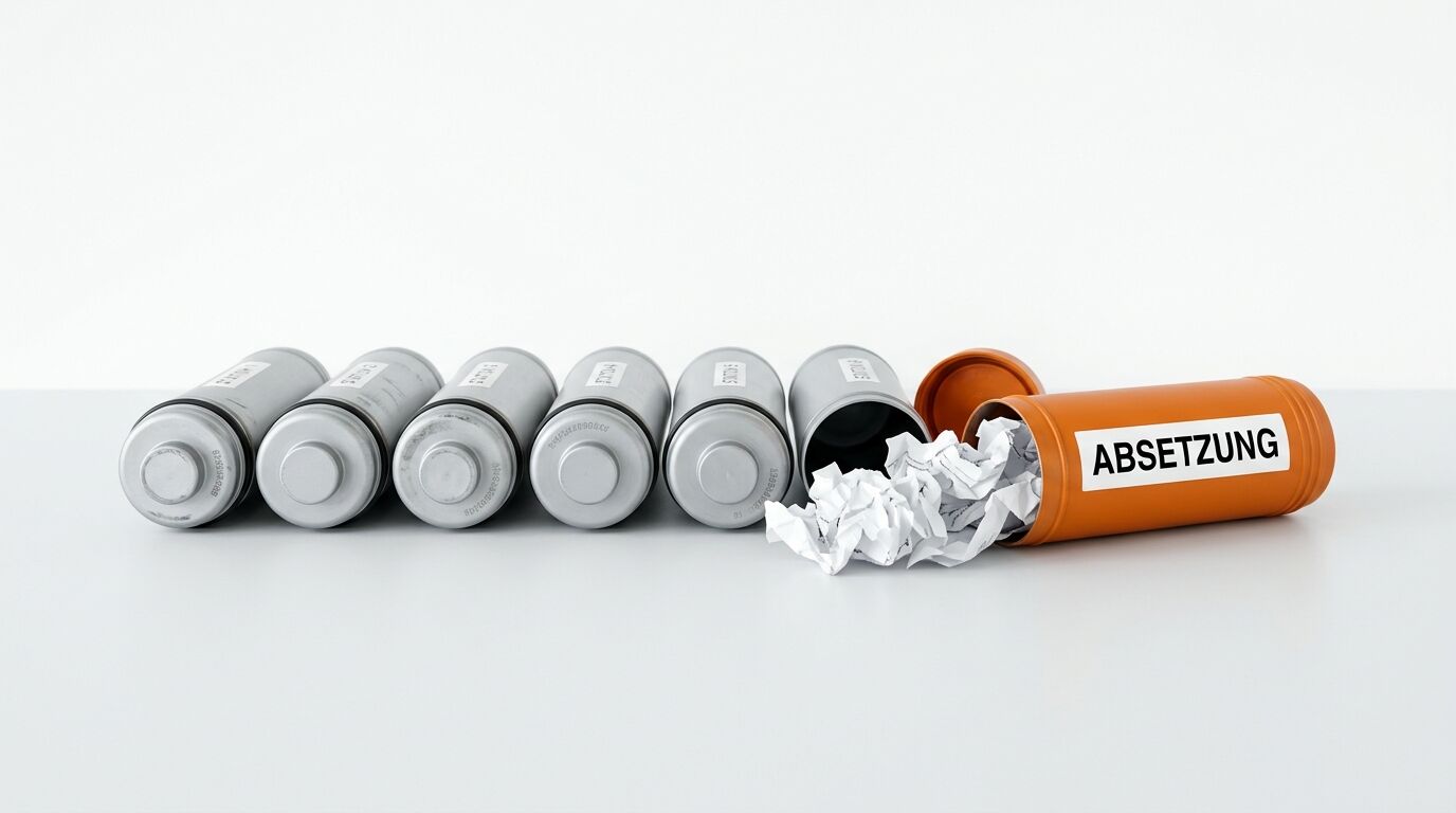 Orangefarbenes Medikamentenglas mit "ABSETZUNG"-Etikett, gefüllt mit zerknittertem Papier, neben sechs grauen Pillenfläschchen