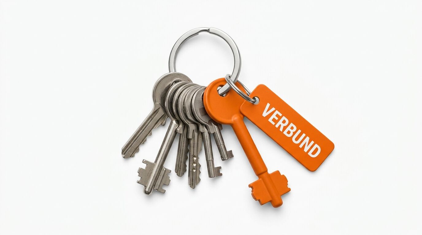 Schlüsselbund mit mehreren Metallschlüsseln und orangenem Kunststoffanhänger mit der Aufschrift "VERBUND"