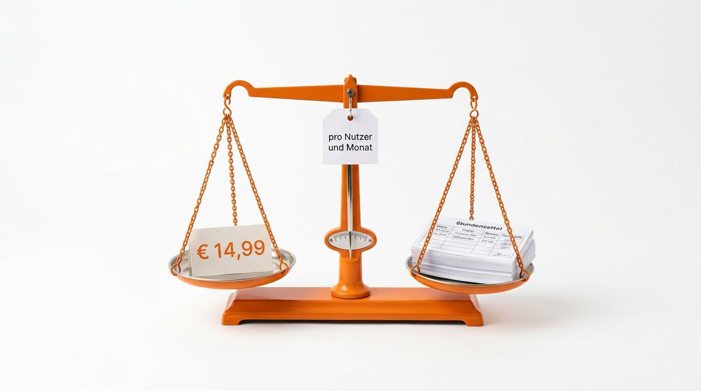 Eine orange Waage mit "pro Nutzer und Monat" Etikett. Links € 14,99, rechts ein Stundenzettel-Stapel