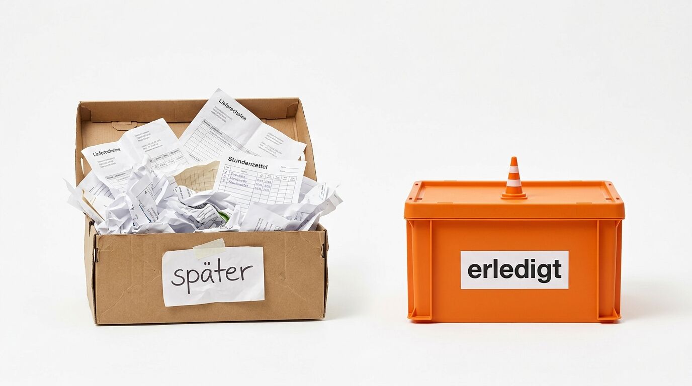 Zwei Behälter: Links eine übervolle Pappschachtel mit "später" beschriftet, rechts eine orangefarbene Kiste mit "erledigt" beschriftet
