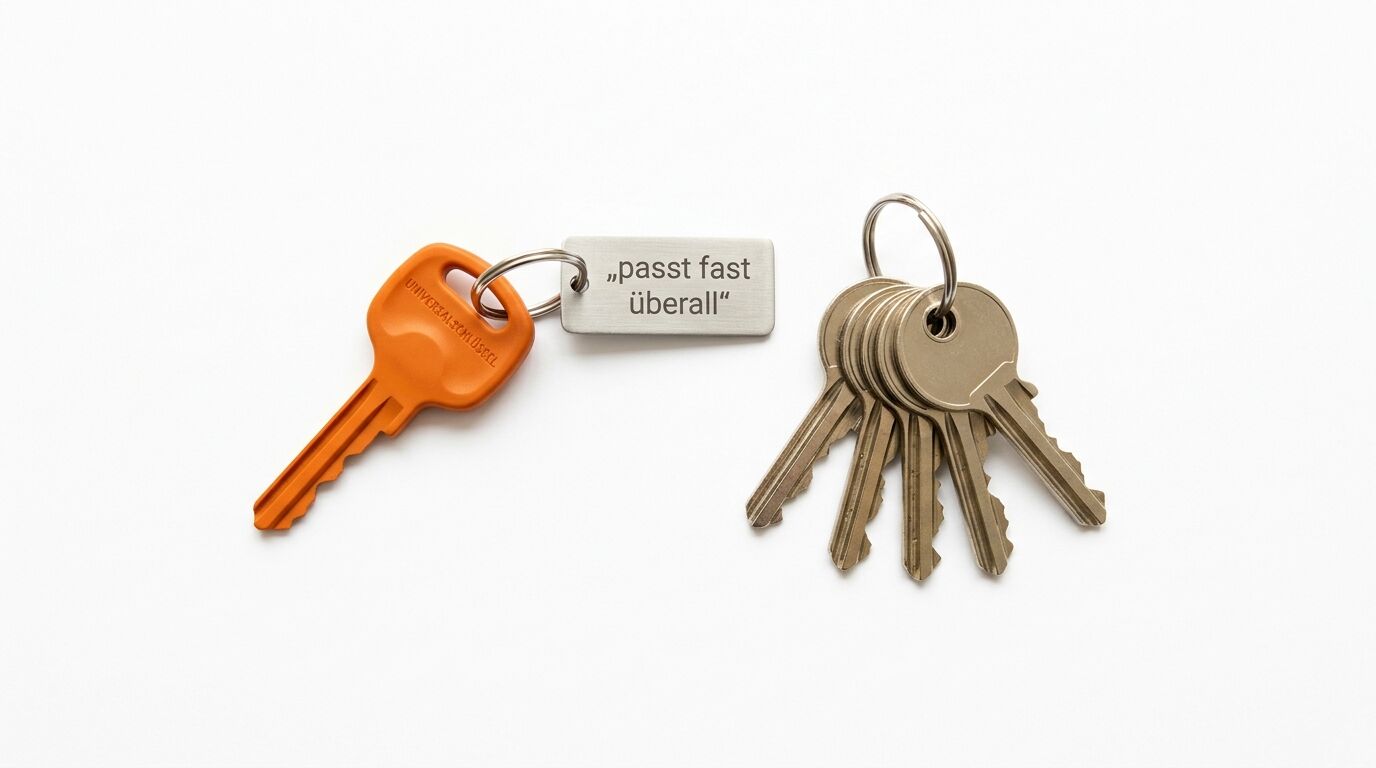Eine orange Schlüssel mit Anhänger "passt fast überall" und ein Schlüsselbund mit mehreren silbernen Schlüsseln auf weißem Hintergrund