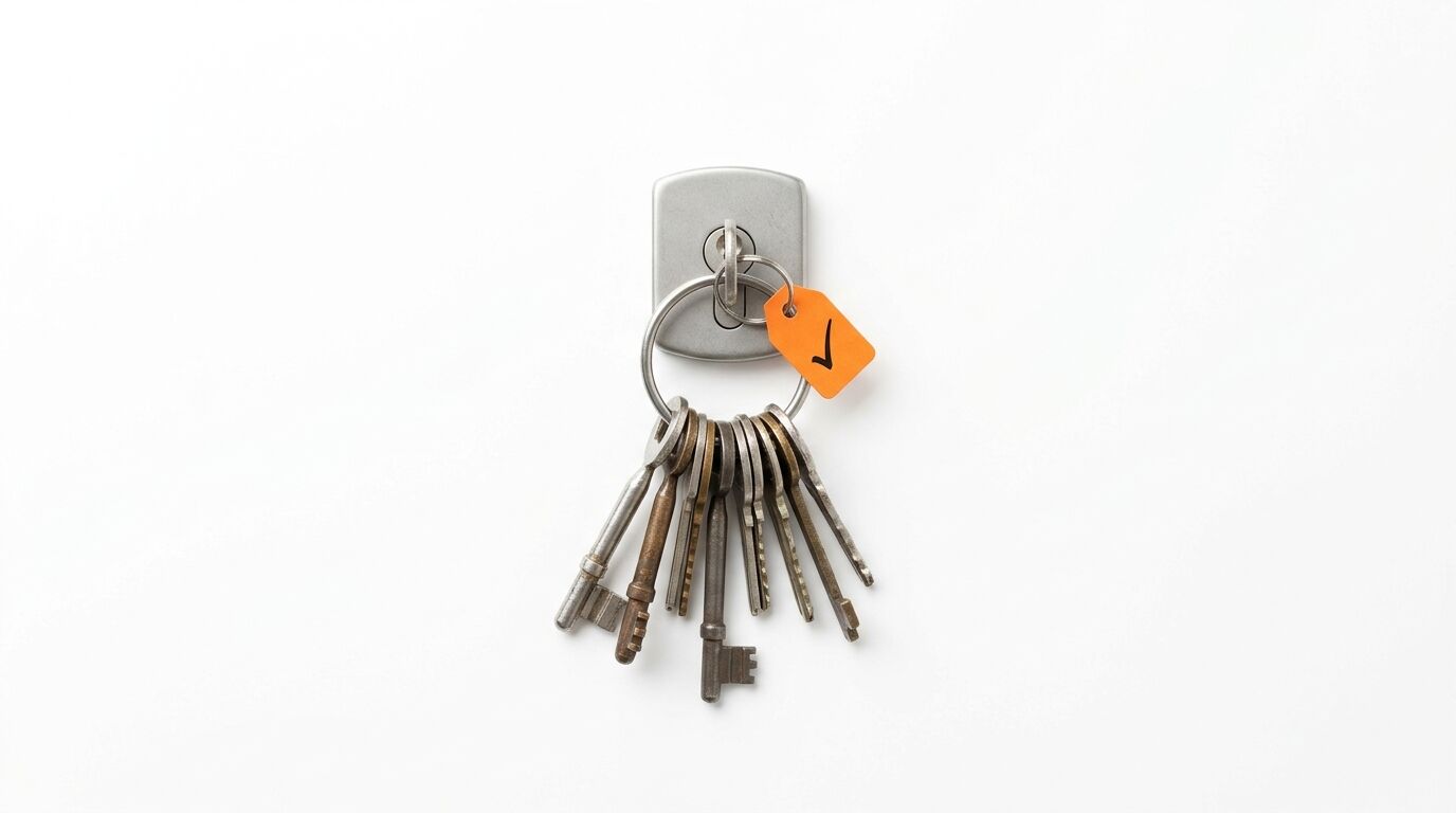 Ein Schlüsselbund mit mehreren Schlüsseln an einem Metallring und einem orange beschrifteten Etikett mit der Nummer 1