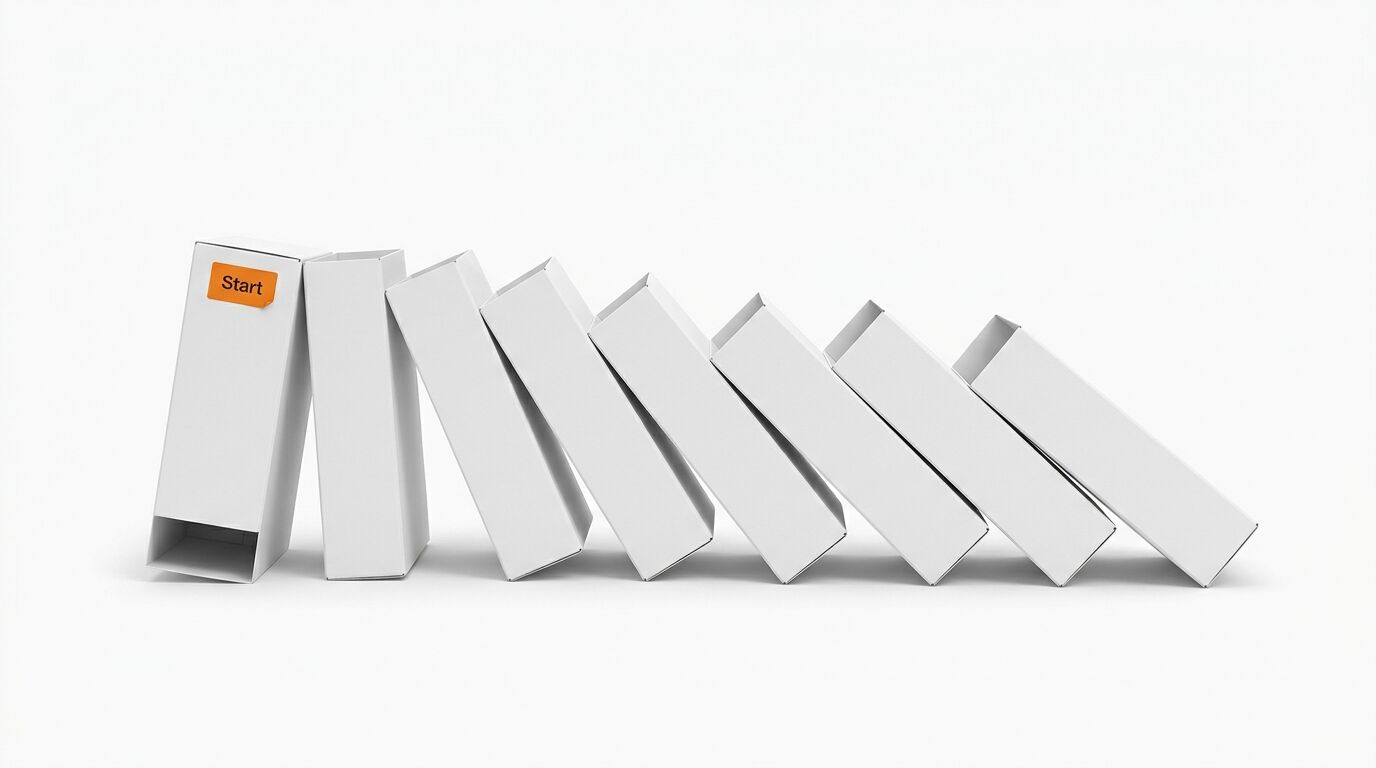 Domino-Effekt: Weiße Kästen fallen nacheinander um. Der erste trägt ein oranges "Start"-Etikett