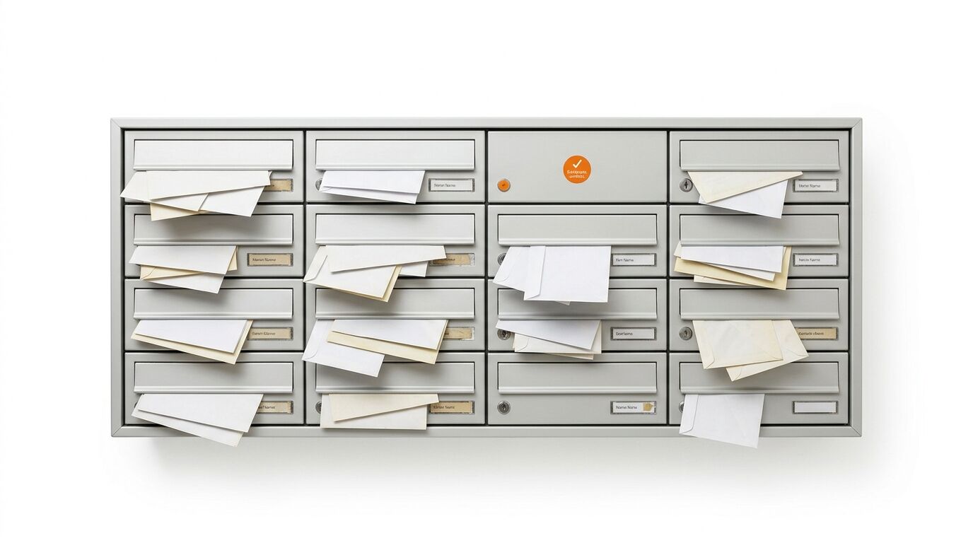 Postfachanlage mit 16 Fächern, überquellend mit Briefen und Dokumenten, zwei orange Markierungen oben