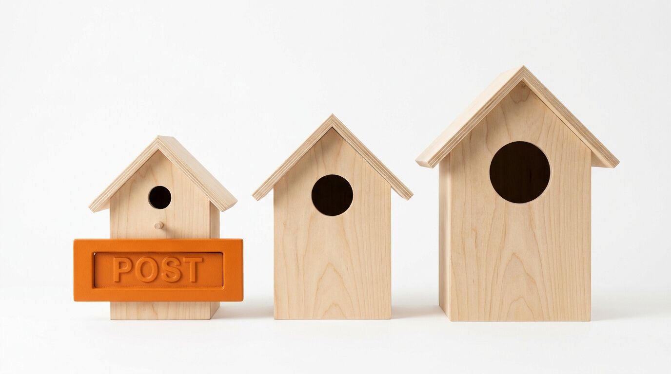 Drei Vogelhäuser aus hellem Holz in aufsteigender Größe. Das linke trägt ein oranges Schild mit "POST"