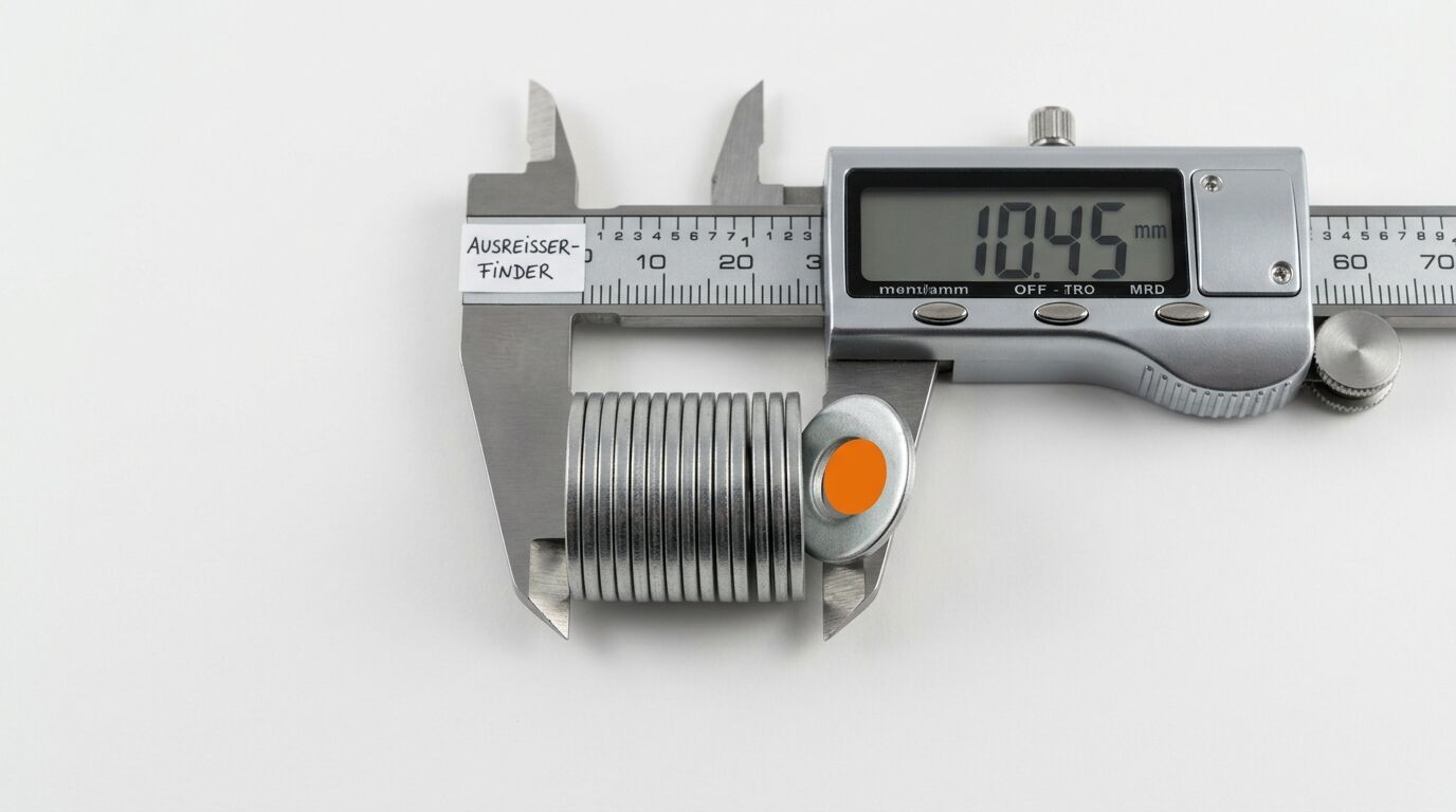 Digitale Schieblehre misst eine Spule mit Draht. Display zeigt 10,45 mm an