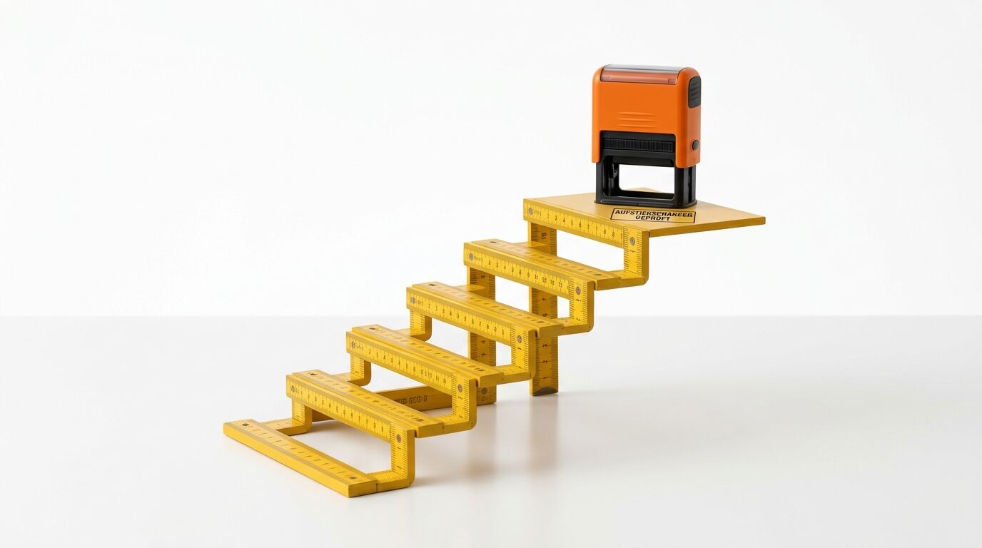 Orange Stempel auf einer Treppe aus gelben Zollstöcken, die aufsteigend angeordnet sind
