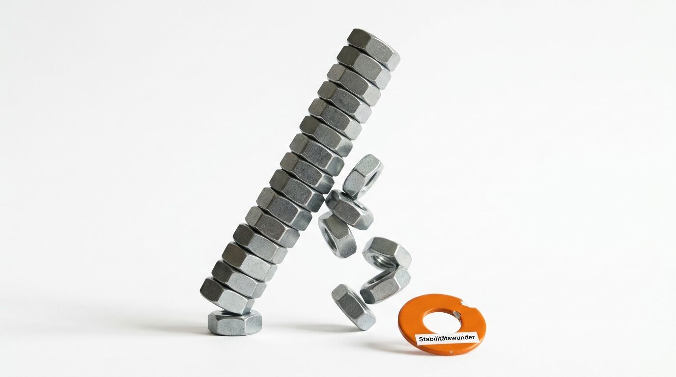 Metallische Sechskantmuttern stapeln sich in instabiler Position neben einem orangefarbenen Ring mit "Stabilitätswunder" Beschriftung