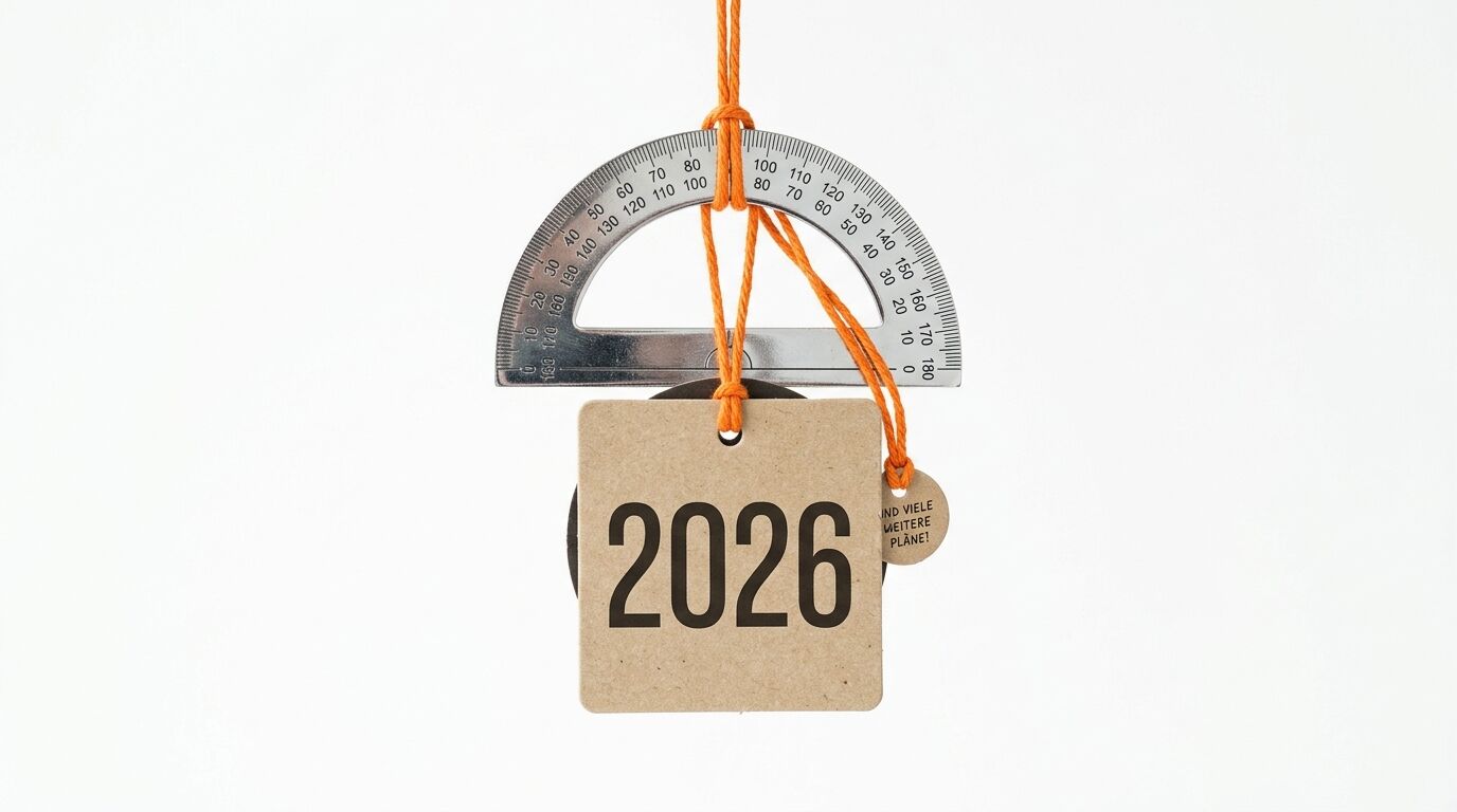 Ein Weihnachtsornament aus Karton mit der Aufschrift "2026", aufgehängt an einem Geodreieck mit orangefarbener Schnur