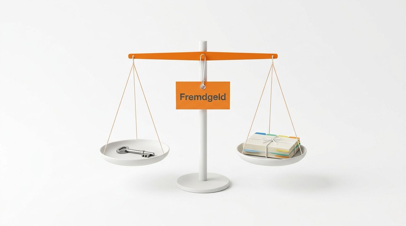 Eine Waage mit orangefarbener Balkenwaage. Links liegt ein Schlüssel, rechts ein Buch. In der Mitte ein Schild mit "Fremdgeld"