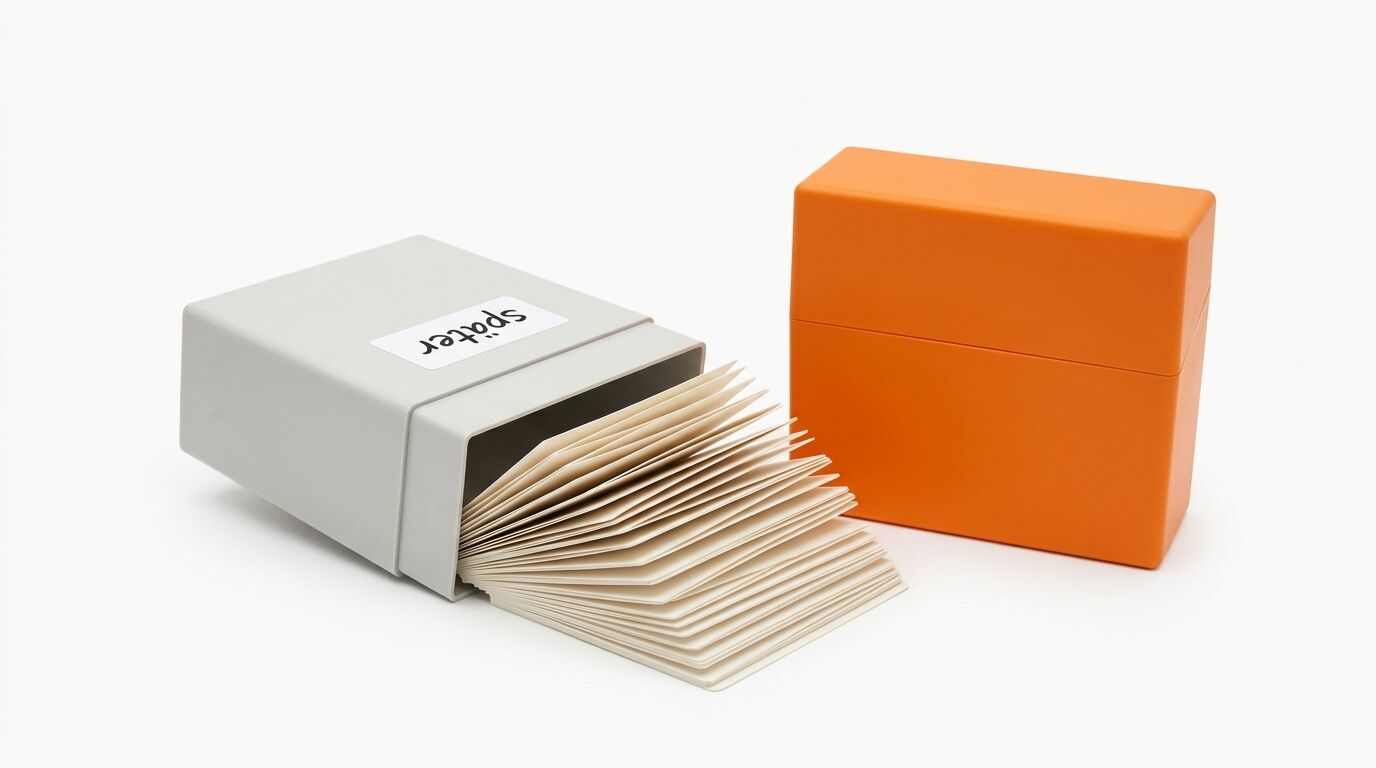 Zwei Boxen mit aufgefächertem Kartenheft: eine weiße Box mit "Sprichst"-Label und eine orange Box daneben