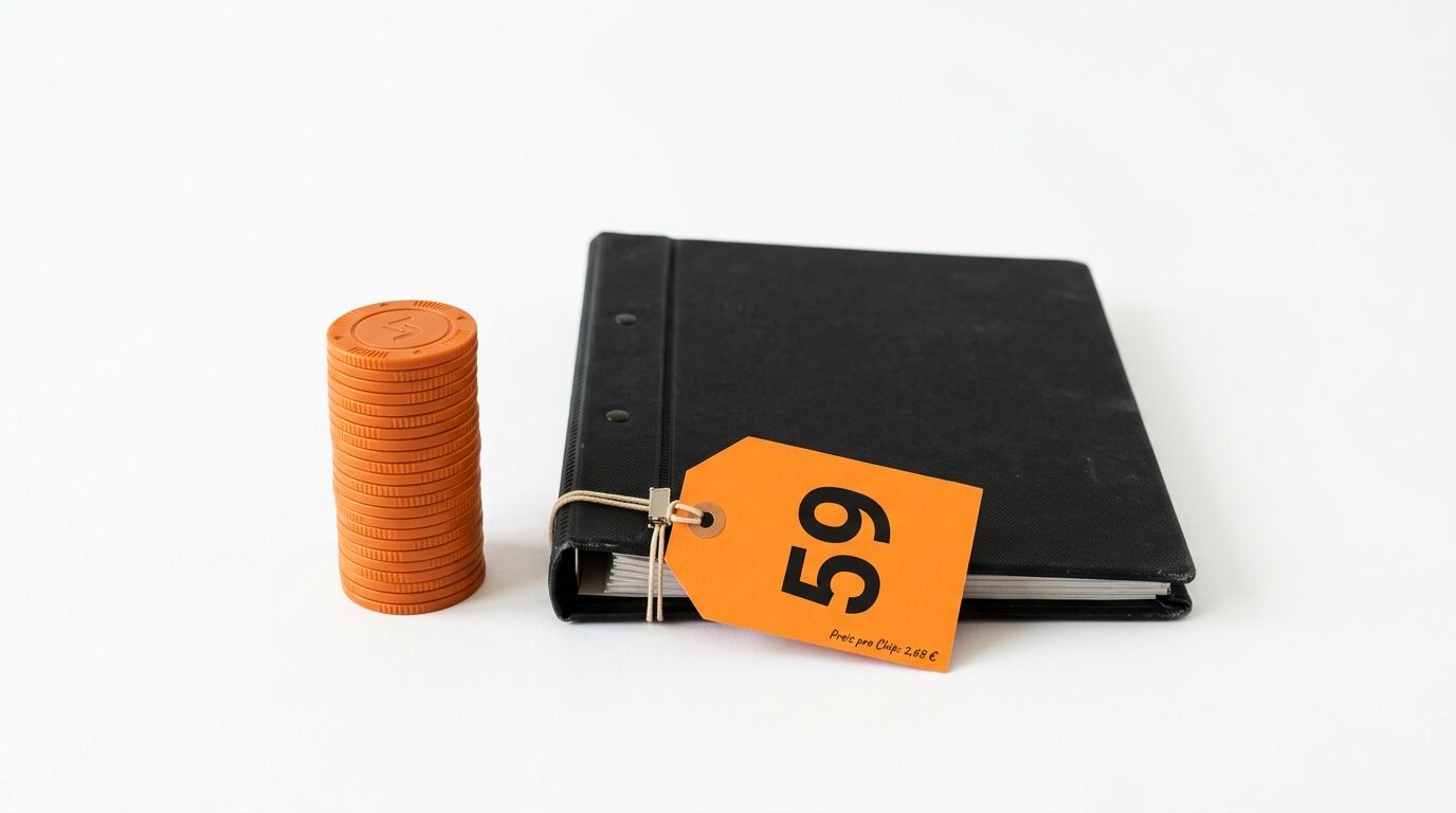 Schwarzes Notizbuch mit orangefarbenem Preisschild "59" und Stapel orangefarbener Münzen auf weißem Hintergrund