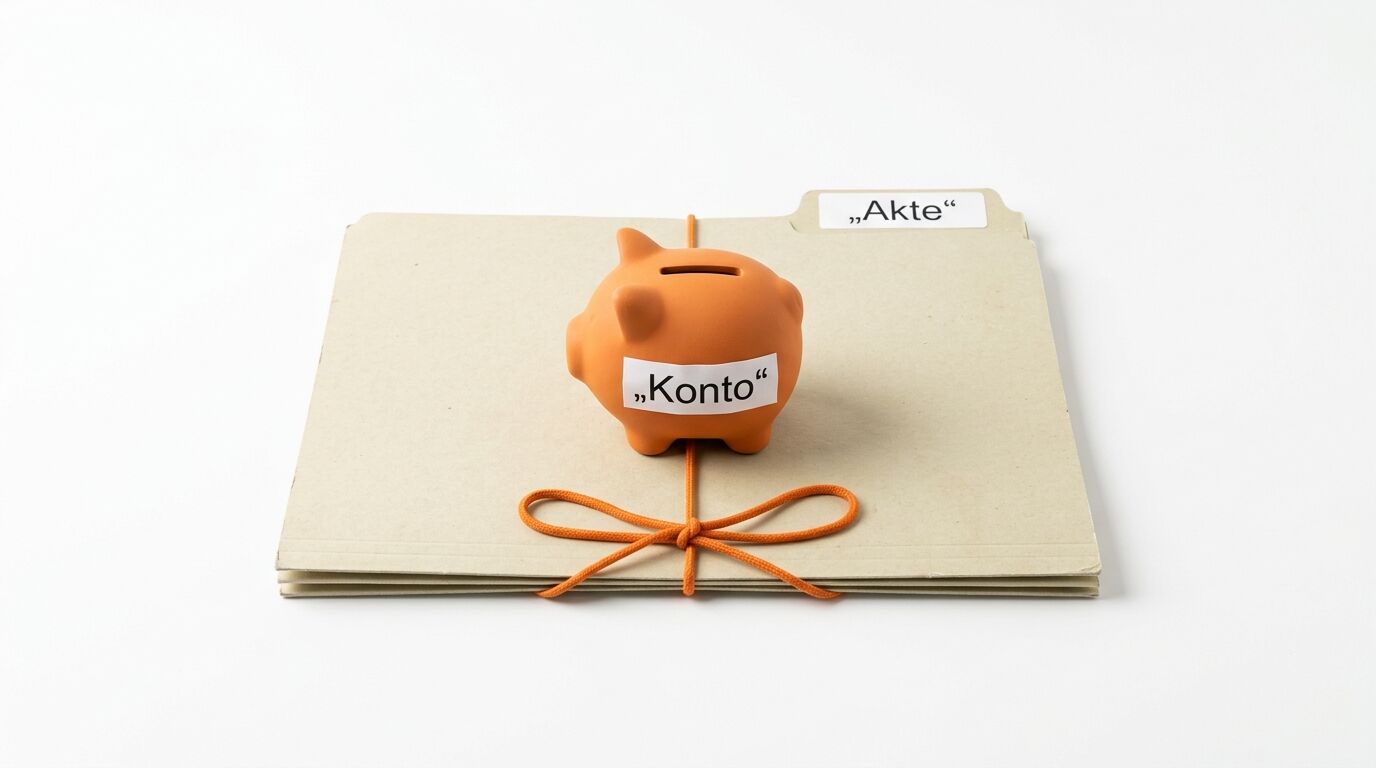 Ordner mit orange Sparschwein, beschriftet mit "Konto" und "Akte", gebunden mit orange Schleife