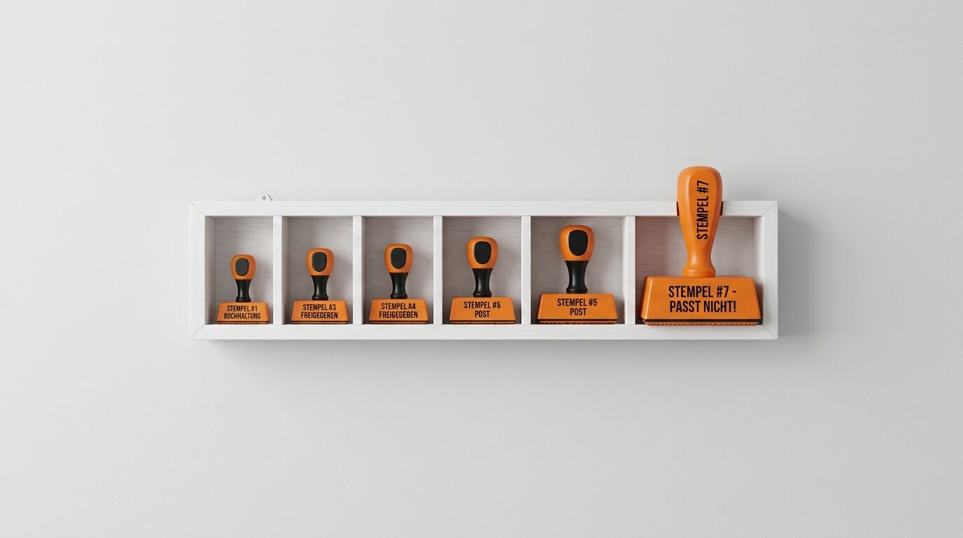 Sechs orange-schwarze Stempel in weißem Regal mit deutschen Aufschriften, von links nach rechts durchnummeriert, der letzte mit "PASST NICHT"