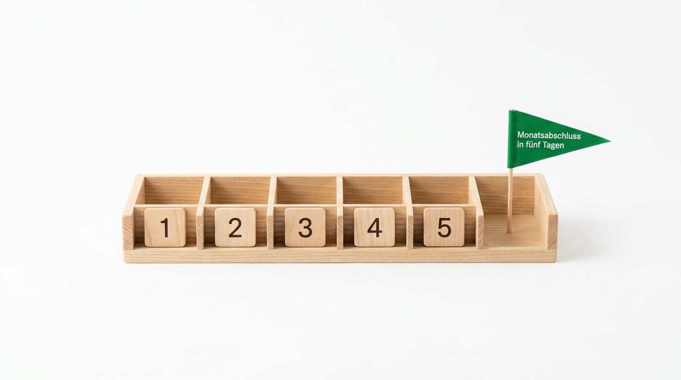 Holzorganizer mit fünf nummerierten Fächern (1-5) und grünem Flaggen-Label "Monatsabschluss in fünf Tagen"