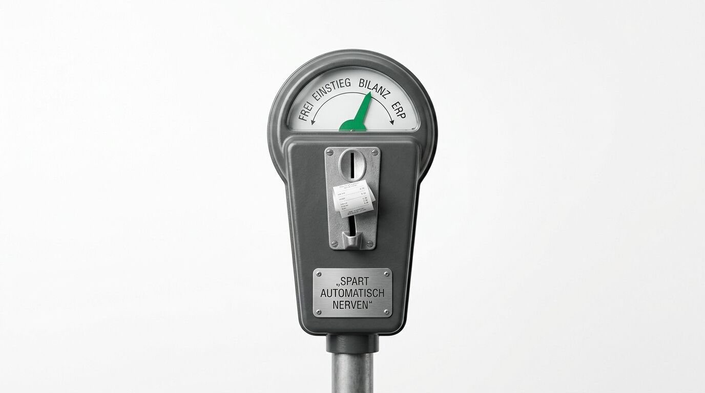Parkuhr mit grünem Zeiger, Münzschlitz und Aufschrift "Spart Automatisch Nerven" auf grauem Metallgehäuse