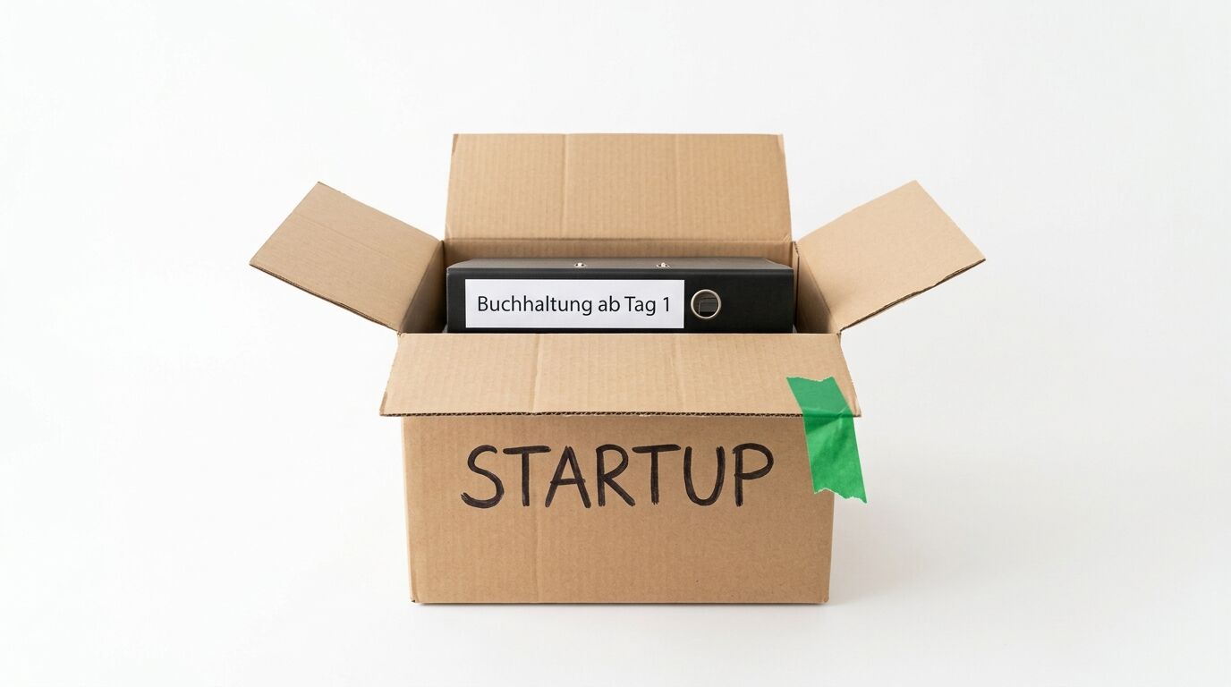 Offener Karton mit "STARTUP" beschriftet, enthält einen Ordner mit Label "Buchhaltung ab Tag 1", grünes Schleifenband