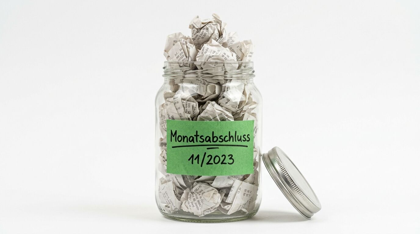Ein Glasgefäß gefüllt mit zerknüllten Papierstreifen, beschriftet mit "Monatsabschluss 11/2023"