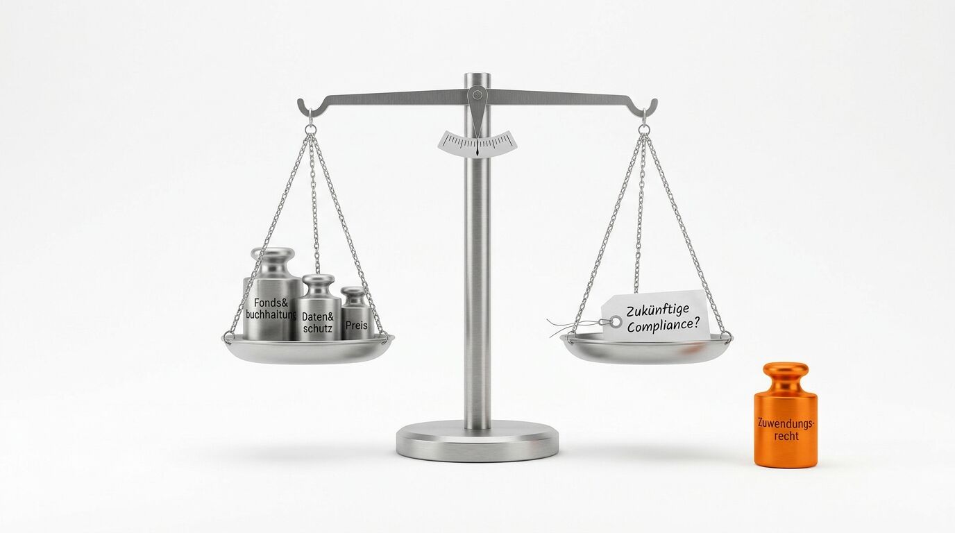 Waage mit drei Gewichten auf der linken Seite (Fonds&buchhaltung, Daten&schutz, Preis) und "Zukünftige Compliance?" auf der rechten Seite, daneben ein oranges Gewicht "Zuwendungsrecht"