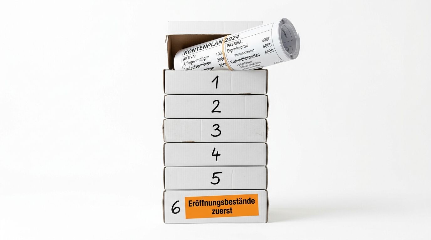 Gestapelte Kartonboxen mit Nummern 1-6, oben ein Dokument mit "KONTENPLAN 2024" sichtbar. Box 6 trägt orange Aufkleber "Eröffnungsbestände zuerst"